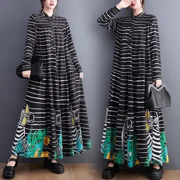 Модное платье-рубашка в полоску для женщин 2023, осеннее Корейское издание, арт, большой размер, свободная отстрочка с принтом, платье средней длины Z2746