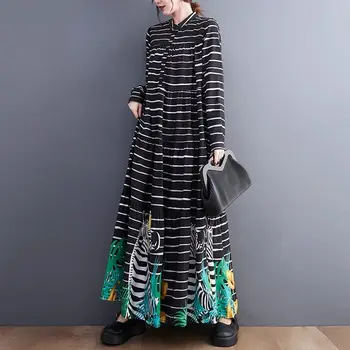 Модное платье-рубашка в полоску для женщин 2023, осеннее Корейское издание, арт, большой размер, свободная отстрочка с принтом, платье средней длины Z2746 Изображение 2