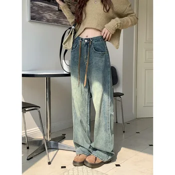 Весна и осень 2024, новые джинсы, женские ретро-ностальгические прямые брюки с завязками, Высокая талия, Широкие брюки в пол Изображение 2