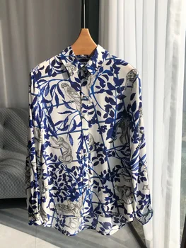 Весенне-летняя новая удобная женская рубашка из 100% шелка с принтом животных джунглей, женские рубашки Изображение 2