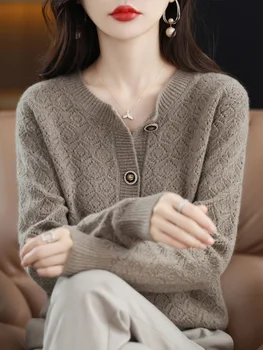 Новый модный Повседневный кардиган из 100% мериносовой шерсти с круглым вырезом, однотонный кашемировый свитер с длинными рукавами, женский свитер