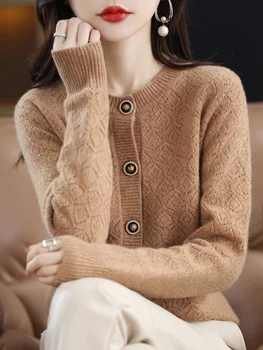 Новый модный Повседневный кардиган из 100% мериносовой шерсти с круглым вырезом, однотонный кашемировый свитер с длинными рукавами, женский свитер Изображение 2