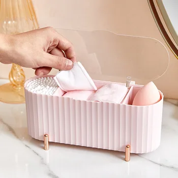 Новая коробка для хранения косметических хлопчатобумажных изделий с прозрачной крышкой Настольный Пылезащитный органайзер для пудры для макияжа и губной помады