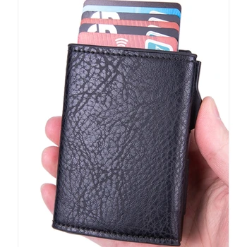 E74B Всплывающий кошелек для кредитных карт, алюминиевый RFID-блокирующий держатель для карт, искусственная кожа Изображение 2