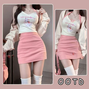 Новая Корейская версия Милого розового жилета с воротником в виде котенка из 3 предметов, кардигана, юбки с высокой талией, модного женского хлопкового платья с подвешенным вырезом, комплект одежды