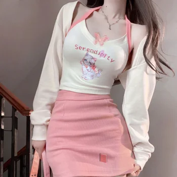 Новая Корейская версия Милого розового жилета с воротником в виде котенка из 3 предметов, кардигана, юбки с высокой талией, модного женского хлопкового платья с подвешенным вырезом, комплект одежды Изображение 2