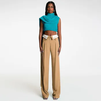Элегантные женские офисные прямые брюки в стиле пэчворк на молнии в стиле ретро, весенняя уличная одежда 2024, модные однотонные свободные широкие брюки Изображение 2