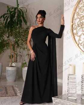OEING, простые черные арабские женские вечерние платья, винтажные платья для выпускного вечера длиной до щиколоток, вечерние платья для вечеринок с накидкой Изображение 2