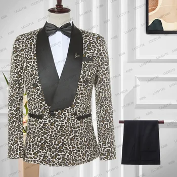 Великолепные мужские костюмы с леопардовым принтом, высококачественный комплект блейзеров с отворотами, шаль, 2 предмета, смокинг для прополки модной вечеринки, выпускного вечера и концерта 2024 года