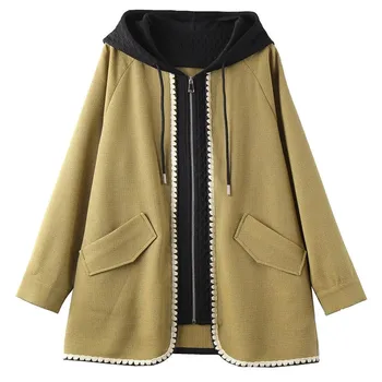 Демисезонное пальто средней длины, женское пальто 2023, Новая накладная верхняя одежда на молнии из двух частей, Свободный модный топ с капюшоном и длинными рукавами, женский топ