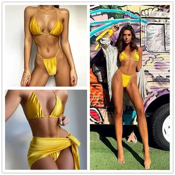 Бразильские микро бикини 2022 mujer Сексуальный купальник-стринги женский комплект плиссированного бикини Желтые купальники женский мини-купальник