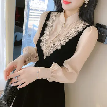 Осенне-зимнее платье 2023, Женское Черное кружевное платье с кружевным воротником и длинным рукавом, модное платье средней длины