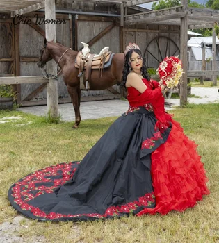 Мексиканские Черно-Красные Пышные Платья Charro 2024 Luxury Flower Vestidos De Xv 15 Anos Для Фотосессии Лошадей На День Рождения