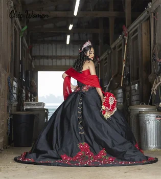 Мексиканские Черно-Красные Пышные Платья Charro 2024 Luxury Flower Vestidos De Xv 15 Anos Для Фотосессии Лошадей На День Рождения Изображение 2