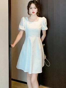 Новое летнее Белое платье с квадратным воротником и коротким рукавом, Женское Шикарное Элегантное Повседневное мини-платье с бантом, Корейское модное Тонкое Ночное платье.