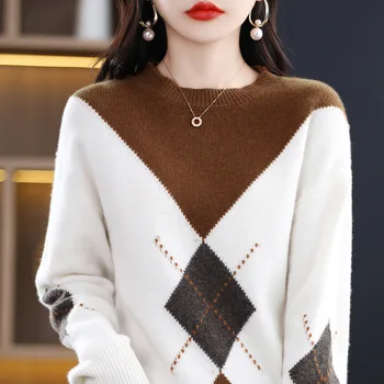 2023 Новый пуловер с круглым вырезом, вязаная женская контрастная нижняя рубашка, контрастный свитер с бриллиантами, повседневный тонкий топ Изображение 2