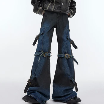 Мужские джинсы градиентного цвета IEFB с металлической пряжкой, мужские легкие расклешенные джинсовые брюки, мужские брюки в стиле пэчворк, повседневные весенние новинки Изображение 2