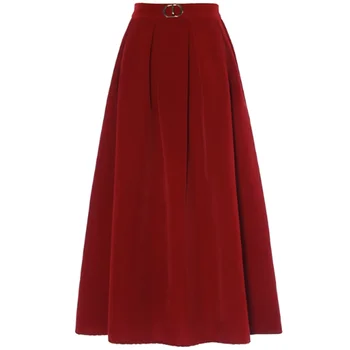 Женская бархатная длинная юбка в стиле ретро, элегантная юбка-зонтик в стиле Хепберн с высокой талией, раскачивающаяся красная юбка-зонт