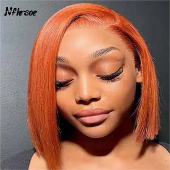 Яркие оранжевые парики-бобы из человеческих волос, короткие прямые парики-бобы из человеческих волос, прямые парики-бобы с высокой кружевной застежкой, парики из человеческих волос Изображение 2