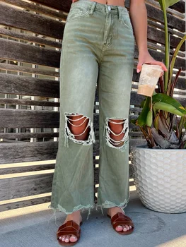 Женские джинсы-клеш Классические джинсовые брюки-клеш с высокой талией, рваные джинсы, джинсовые брюки