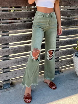 Женские джинсы-клеш Классические джинсовые брюки-клеш с высокой талией, рваные джинсы, джинсовые брюки Изображение 2