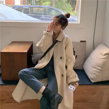 Шерстяное пальто в корейском стиле для женщин осенью и зимой 2023 года, новое популярное свободное и универсальное шерстяное женское пальто средней длины