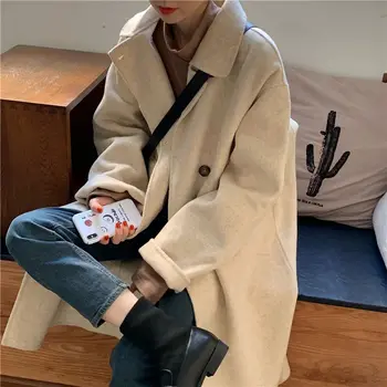 Шерстяное пальто в корейском стиле для женщин осенью и зимой 2023 года, новое популярное свободное и универсальное шерстяное женское пальто средней длины Изображение 2