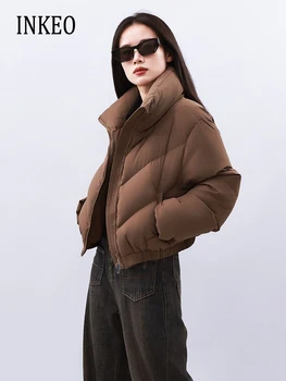Повседневная модная куртка-пуховик на молнии коричнево-серая Женская теплая Водолазка с укороченным пуховиком 2023, Новая коллекция верхней одежды INKEO 3O274