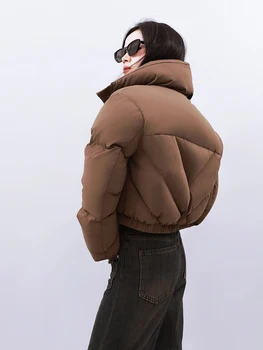 Повседневная модная куртка-пуховик на молнии коричнево-серая Женская теплая Водолазка с укороченным пуховиком 2023, Новая коллекция верхней одежды INKEO 3O274 Изображение 2