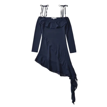 YENKYE Сексуальные женщины Шнуровка Бант с открытыми плечами Темно-синее вечернее мини-платье с оборками на подоле Асимметричный женский шифоновый халат