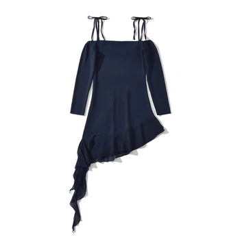 YENKYE Сексуальные женщины Шнуровка Бант с открытыми плечами Темно-синее вечернее мини-платье с оборками на подоле Асимметричный женский шифоновый халат Изображение 2