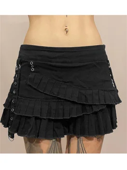 Черная мини-юбка в темно-готическом стиле, женская Gyaru, низкая талия, Нерегулярные оборки, плиссированные джинсовые юбки в стиле пэчворк, уличная одежда Grunge Y2k