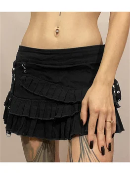 Черная мини-юбка в темно-готическом стиле, женская Gyaru, низкая талия, Нерегулярные оборки, плиссированные джинсовые юбки в стиле пэчворк, уличная одежда Grunge Y2k Изображение 2