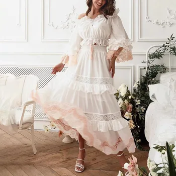 TEELYNN, Винтажные платья с оборками и открытыми плечами, Комплекты, Женское Элегантное кружевное платье-клеш с цветочной вышивкой в стиле Бохо, костюм для летней вечеринки