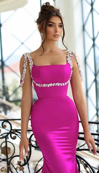 Высококачественное Сексуальное женское платье с квадратным вырезом без рукавов, Роскошная цепочка с бриллиантами, розово-красное платье, повязка, элегантное вечернее платье для вечеринки Изображение 2