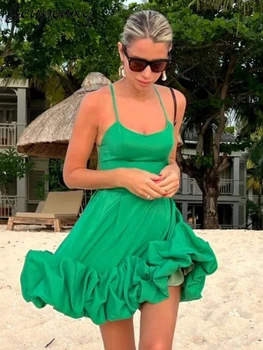 Высококачественное женское новое сексуальное мини-платье на бретельках с оборками 2023 года, зеленое платье без рукавов с открытой спиной, элегантное платье для вечеринки знаменитостей