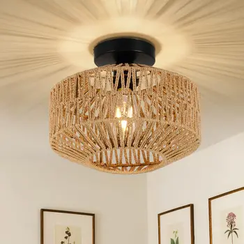 Потолочный светильник из ротанга Лампа E27 Люстра Светильник ручной работы Крепление для прихожей Спальни Кухни Прихожей Гостиной