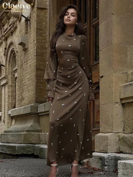 Женские платья Clacive Bodycon с принтом, модное тонкое платье с воротником-стойкой, длинным рукавом до щиколоток, элегантное классическое женское вечернее платье Изображение 2