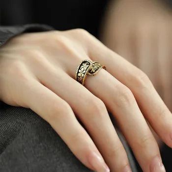 Серебряное кольцо с открытым пальцем из серебра 925 пробы с дизайном в виде цветочных листьев, Черное Золотое Винтажное, Штабелируемое Для женщин, Подарок для девочек, Прямая поставка Оптом Изображение 2
