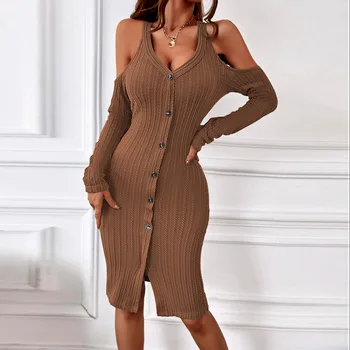 2023 Новое женское однобортное платье с полой талией из толстого жареного теста, вязаное платье с запахом на бедрах, юбка