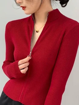 Весенне-осенний кардиган на молнии, женские свитера, вязаные топы с длинным рукавом и воротником-стойкой, корейский модный короткий свитер для женщин