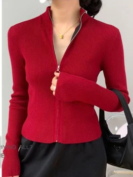 Весенне-осенний кардиган на молнии, женские свитера, вязаные топы с длинным рукавом и воротником-стойкой, корейский модный короткий свитер для женщин Изображение 2