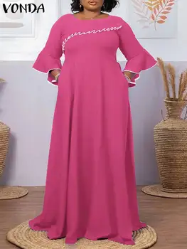 Женское вечернее Длинное платье VONDA 2023, летнее Винтажное платье Макси с круглым вырезом и расклешенными рукавами, пляжная мода, богемный халат