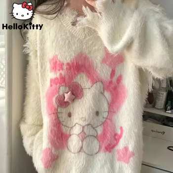 Мягкий свитер Sanrio Hello Kitty Pink Star, милые трикотажные футболки в академическом стиле, женский эстетичный пуловер, милая толстовка с рисунком аниме Y2k