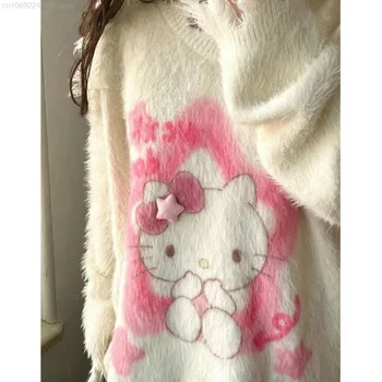Мягкий свитер Sanrio Hello Kitty Pink Star, милые трикотажные футболки в академическом стиле, женский эстетичный пуловер, милая толстовка с рисунком аниме Y2k Изображение 2