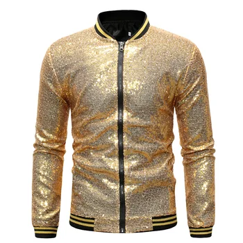 Мужская Блестящая куртка С золотыми блестками, Пиджаки для костюмов, Мужская Однотонная куртка на молнии для ночного клуба, DJ, Сценическая куртка, Пальто, 2020 Новая Одежда Изображение 2