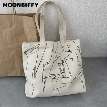 Складная простая сумка через плечо, многоразовые холщовые Эко-сумки для покупок, женская сумка-тоут большой емкости, модная сумочка линейного дизайна