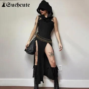 Модное женское платье макси с разрезом Dark Academia в готическом стиле с капюшоном, клубные платья для вечеринок, уличная одежда в стиле панк