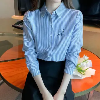 Хлопчатобумажная рубашка с вышивкой в полоску, Женская блузка с длинными рукавами 2023 года, Новая модная блузка Atumn, Корейская Повседневная рабочая одежда, Белая рубашка Изображение 2