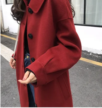 Бордовый Элегантный Твидовый жакет в стиле Хепберн, Осенне-зимнее Однотонное Свободное Длинное твидовое пальто, повседневная верхняя одежда OL, женское пальто Изображение 2